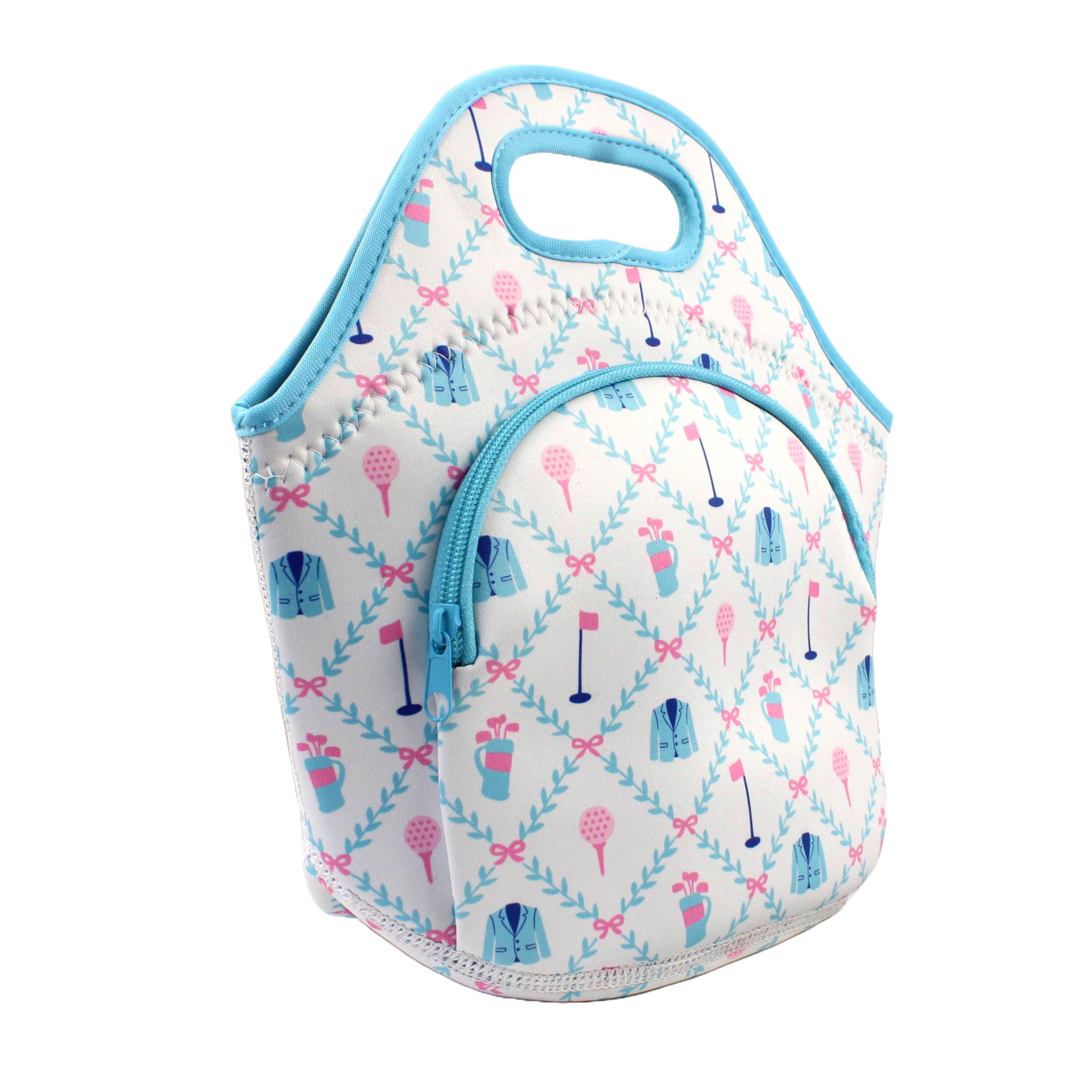 Neoprene lunch bag with golf-themed design on a white background