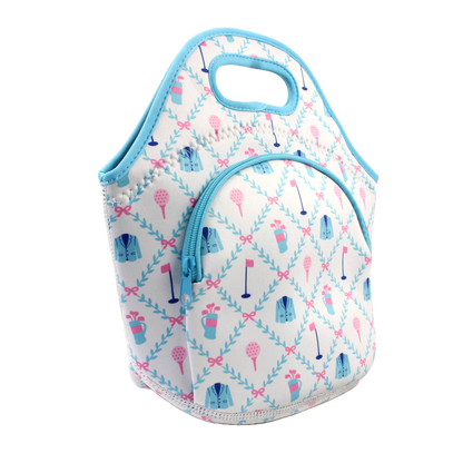 Neoprene lunch bag with golf-themed design on a white background
