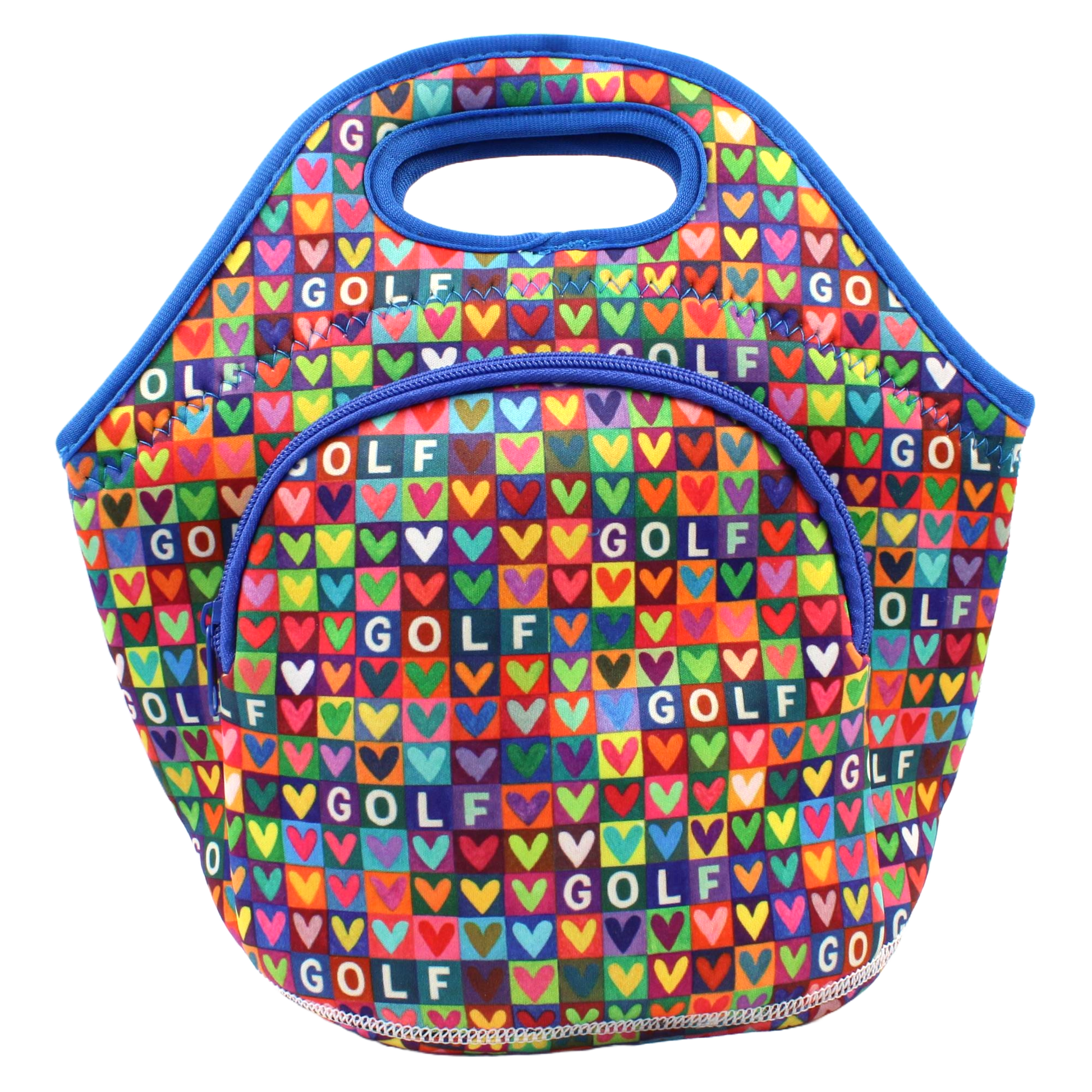 Colorful bag with 'GOLF' pattern on a white background