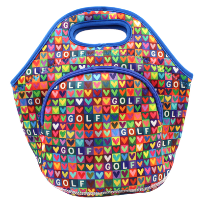 Colorful bag with 'GOLF' pattern on a white background