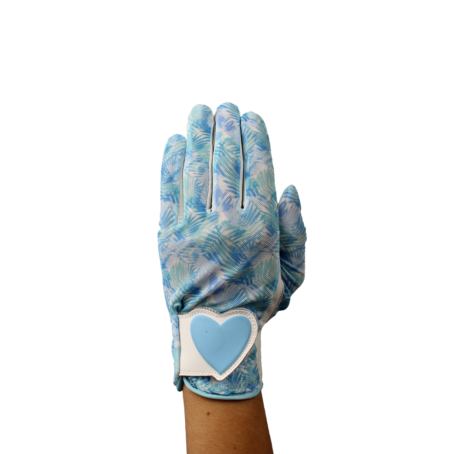 Ladies golf glove with blue and white tropical patterns