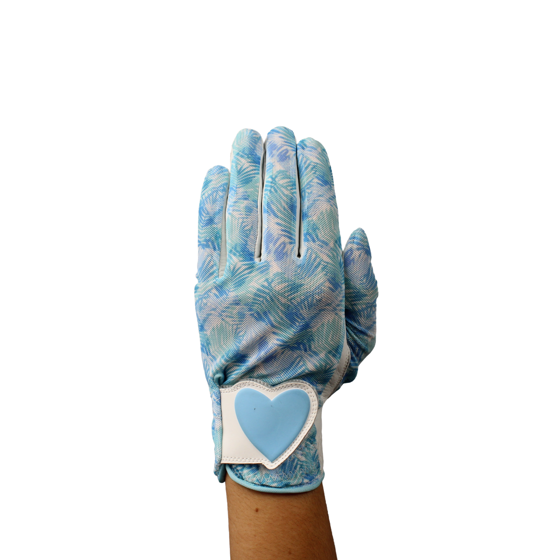 Ladies golf glove with blue and white tropical patterns