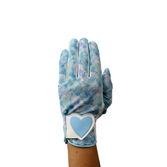 Ladies golf glove with blue and white tropical patterns