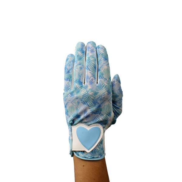 Ladies golf glove with blue and white tropical patterns