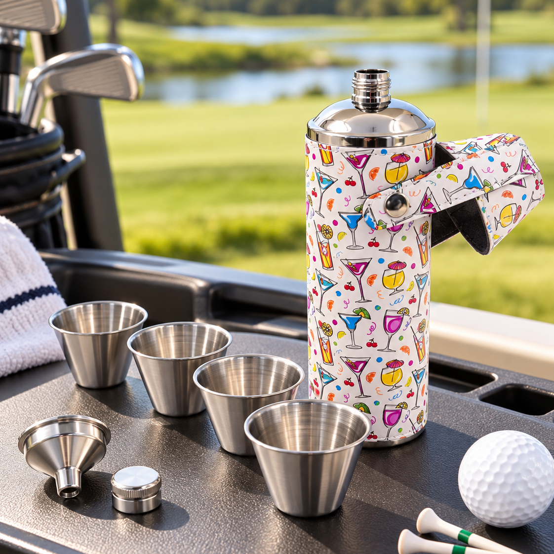 FORE Shot Flask with Shot Glasses - Bevies on the Turn