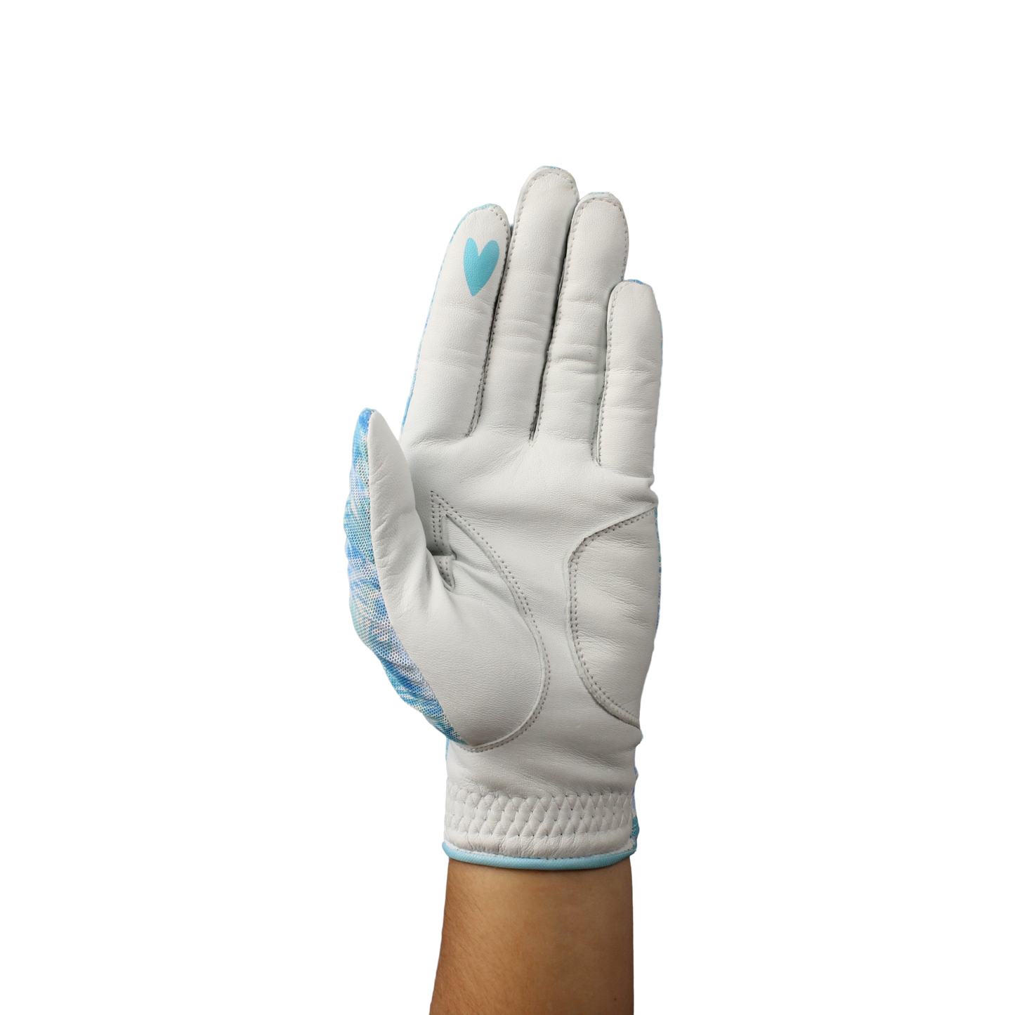 Ladies golf glove with blue and white tropical patterns