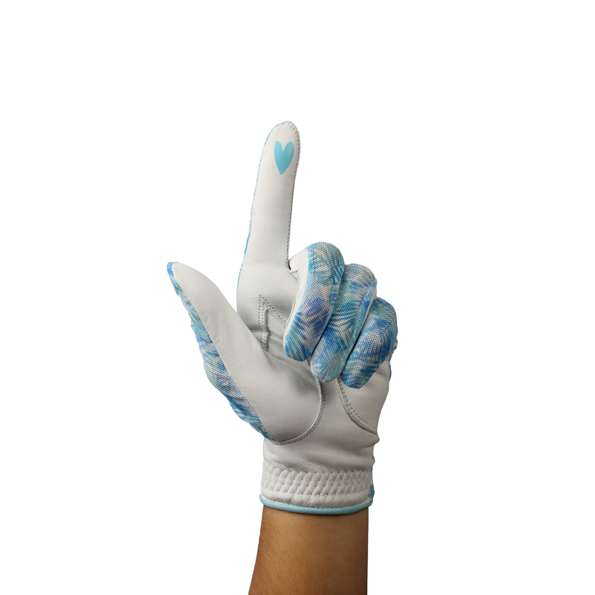 Ladies golf glove with blue and white tropical patterns