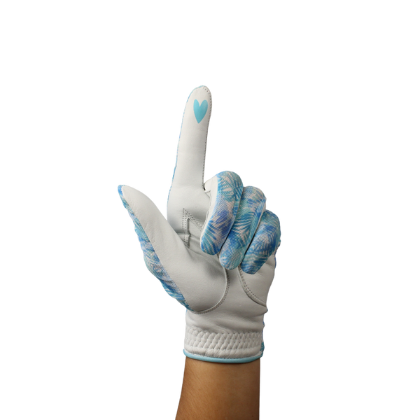 Ladies golf glove with blue and white tropical patterns