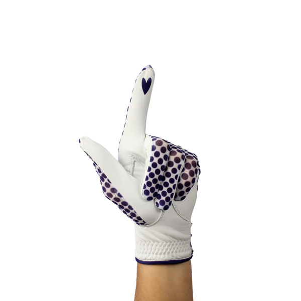 White ladies golf glove with blue spots.