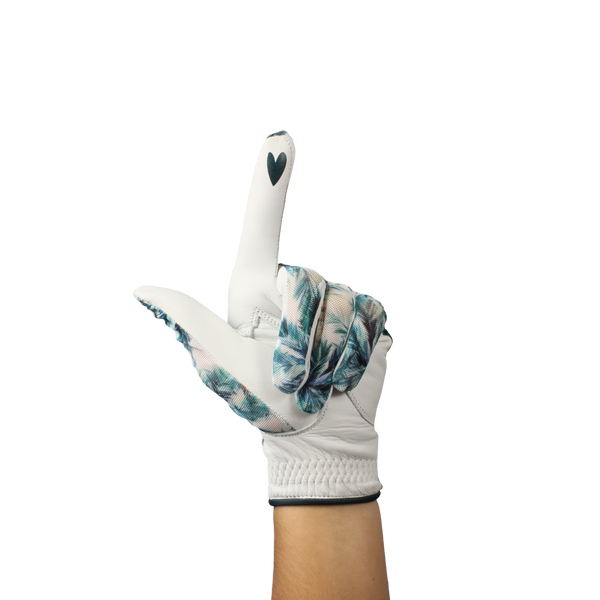 Ladies golf glove with tropical palm tree pattern