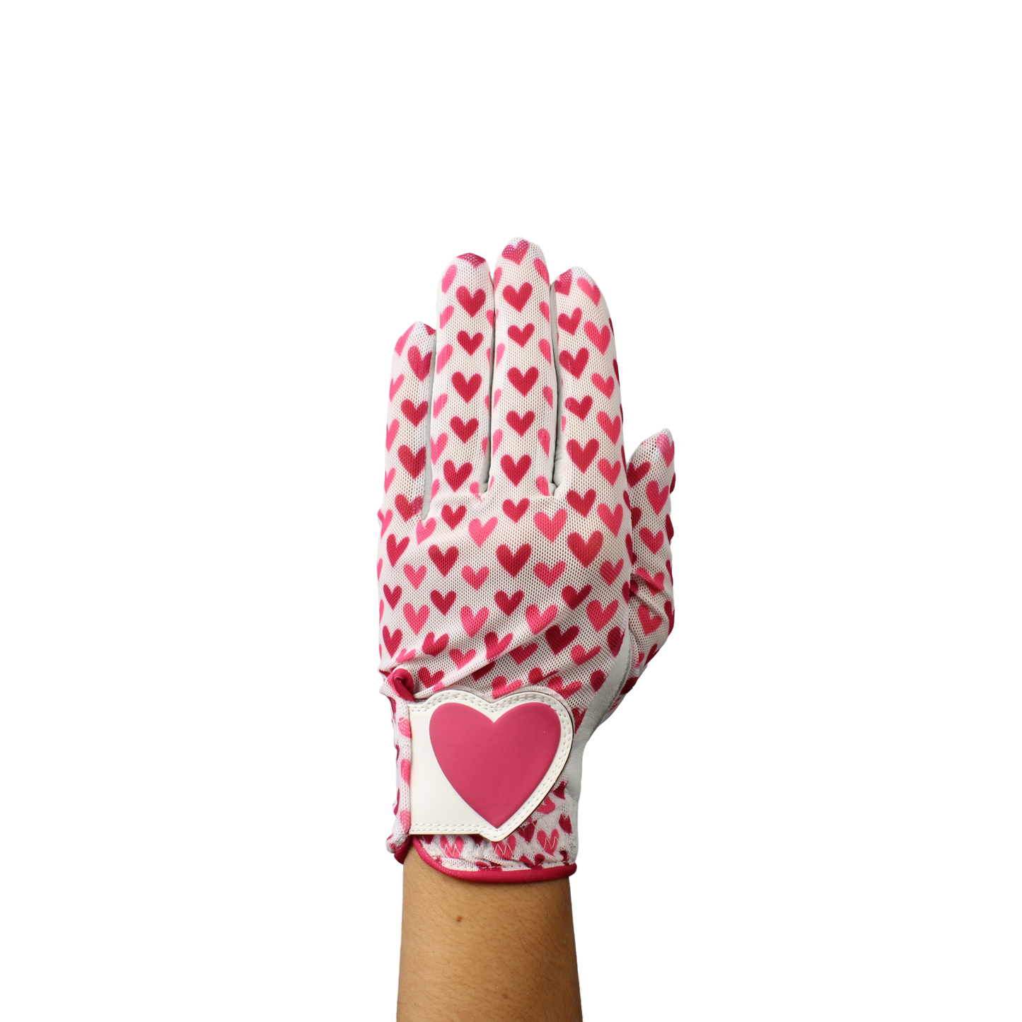 Ladies golf glove with red and pink heart pattern