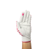 Ladies golf glove with red and pink heart pattern