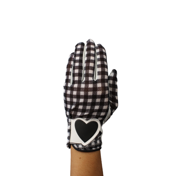 Ladies golf glove with black and white checker pattern
