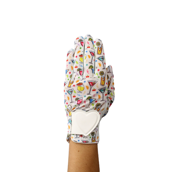 Ladies golf glove with a mixed drinks pattern