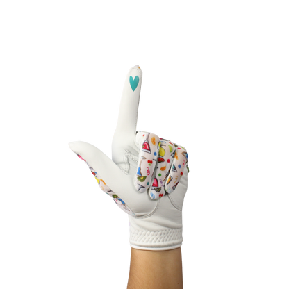 Ladies golf glove with a mixed drinks pattern