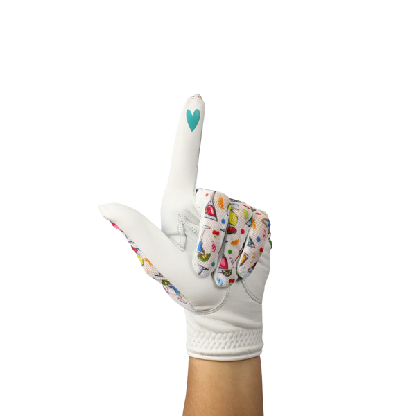 Ladies golf glove with a mixed drinks pattern