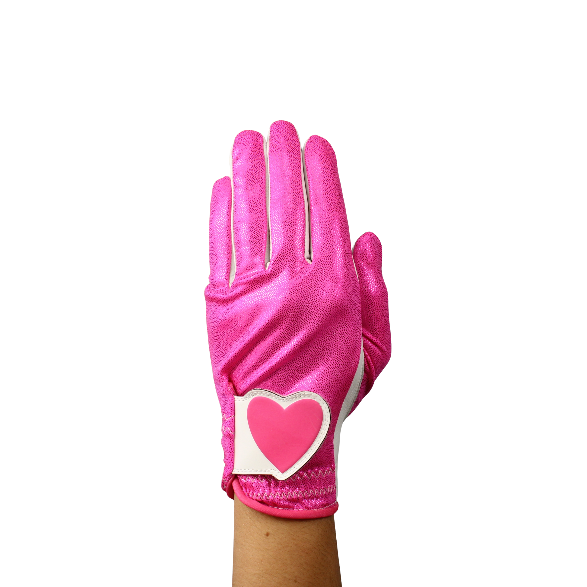 Ladies golf glove with pink glitter fabric print