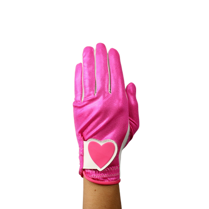 Ladies golf glove with pink glitter fabric print