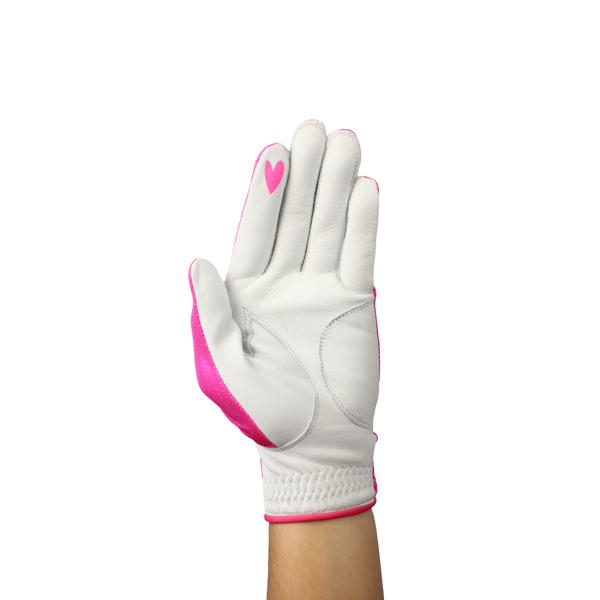 Ladies golf glove with pink glitter fabric print