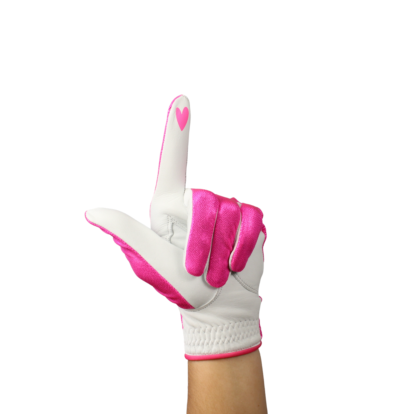 Ladies golf glove with pink glitter fabric print