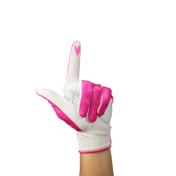 Ladies golf glove with pink glitter fabric print