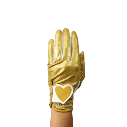 Ladies golf glove with gold glitter fabric print