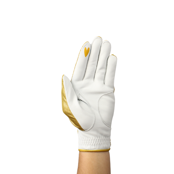 Ladies golf glove with gold glitter fabric print