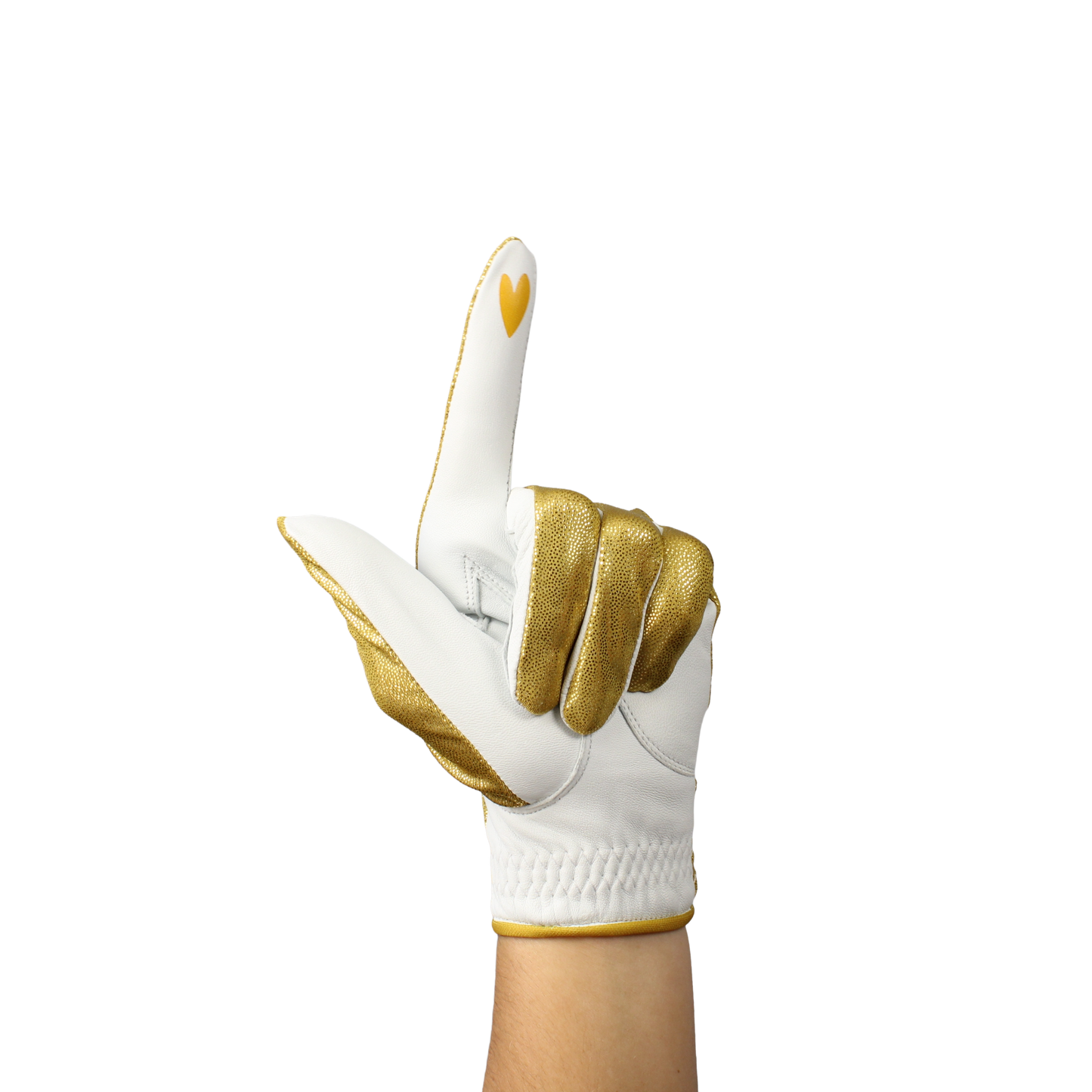 Ladies golf glove with gold glitter fabric print