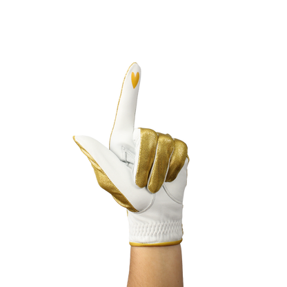 Ladies golf glove with gold glitter fabric print