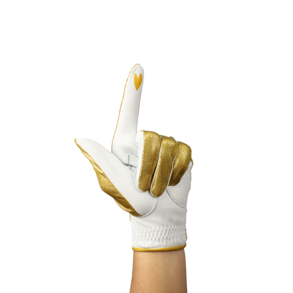 Ladies golf glove with gold glitter fabric print