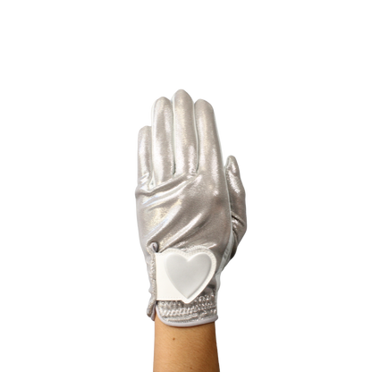Ladies golf glove with silver glitter fabric print