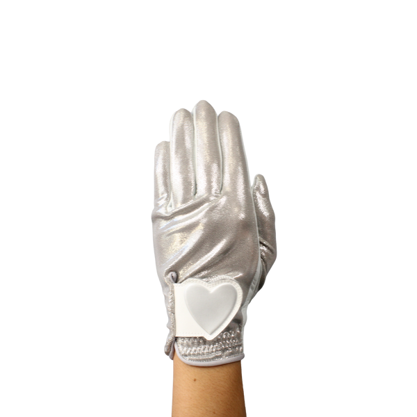 Ladies golf glove with silver glitter fabric print
