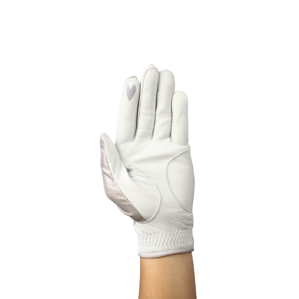 Ladies golf glove with silver glitter fabric print