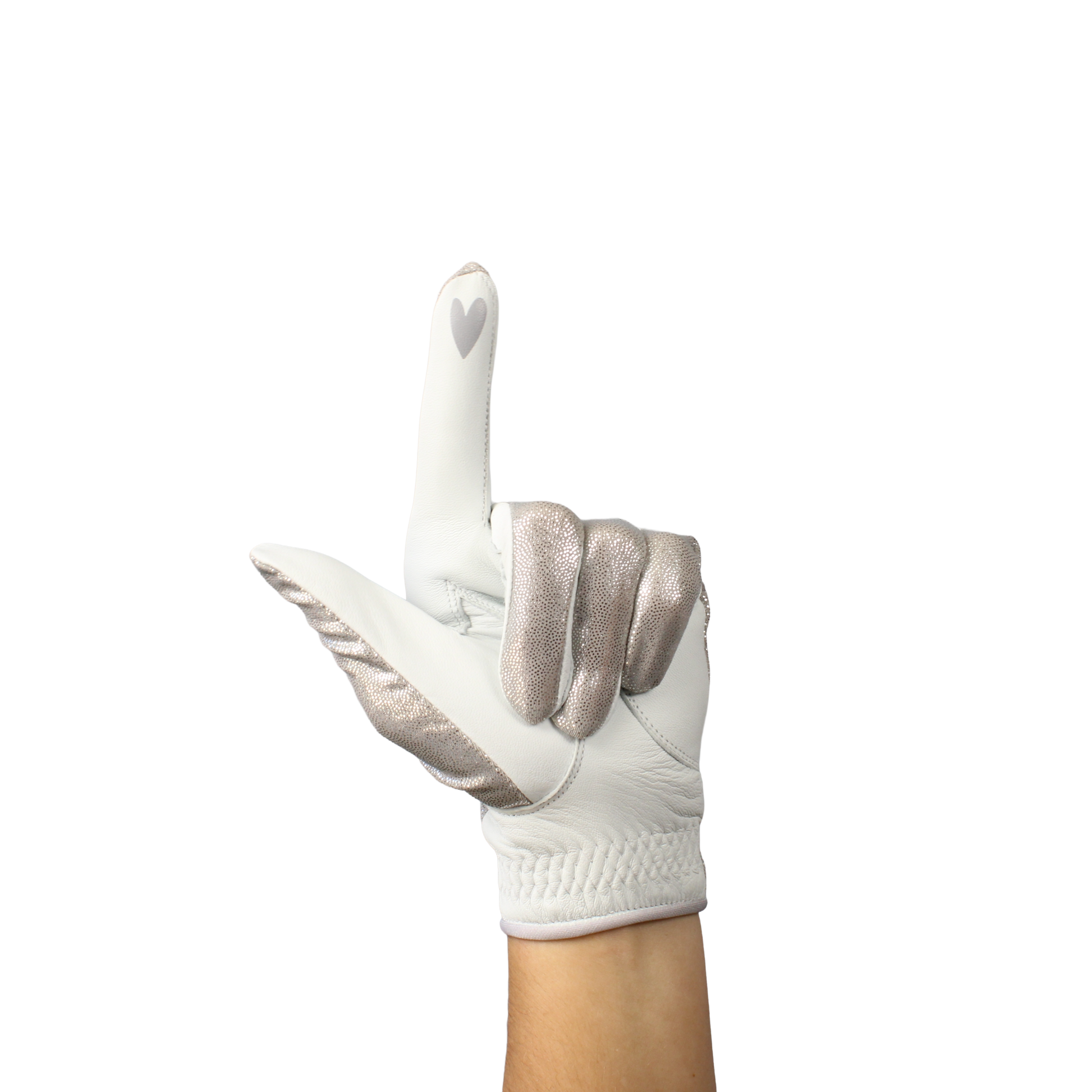 Ladies golf glove with silver glitter fabric print