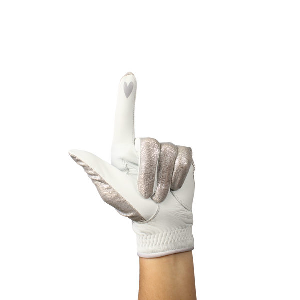Ladies golf glove with silver glitter fabric print