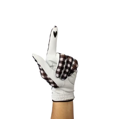 Ladies golf glove with black and white checker pattern