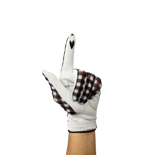 Ladies golf glove with black and white checker pattern