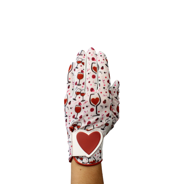 Ladies golf glove with wine glasses and red hearts