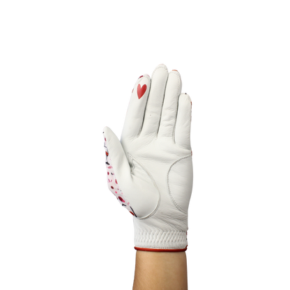 Ladies golf glove with wine glasses and red hearts