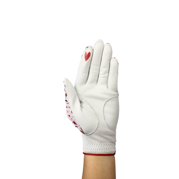 Ladies golf glove with wine glasses and red hearts
