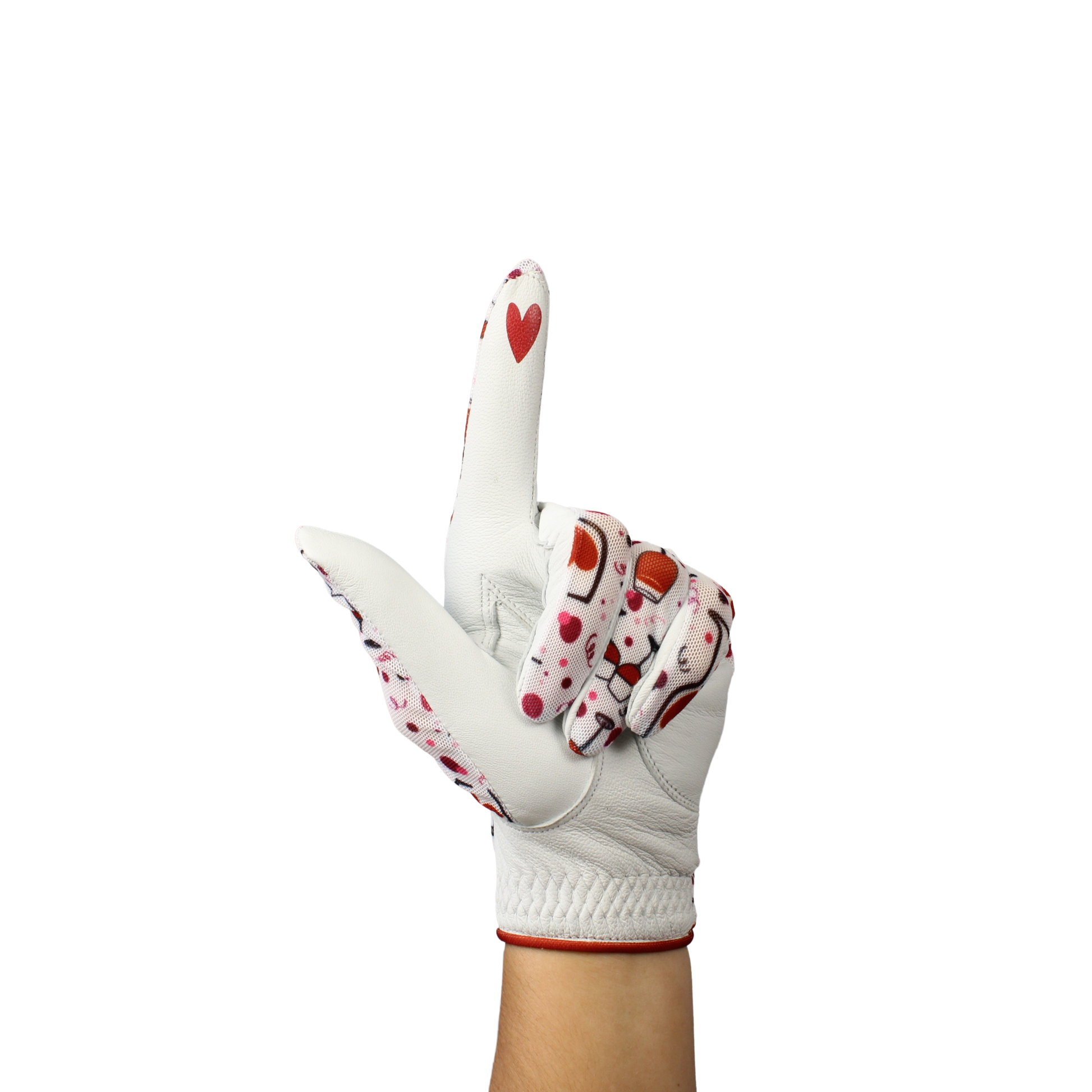 Ladies golf glove with wine glasses and red hearts