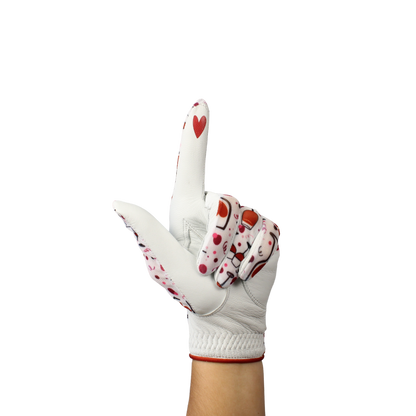 Ladies golf glove with wine glasses and red hearts