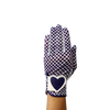 White ladies golf glove with blue spots.