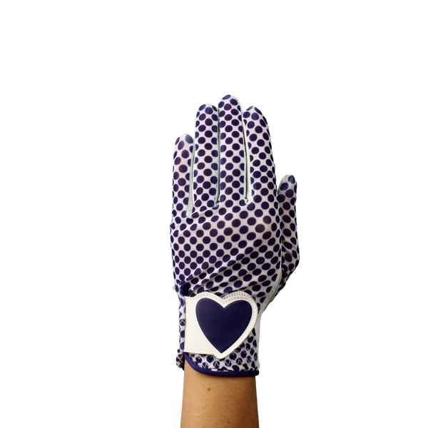 White ladies golf glove with blue spots.