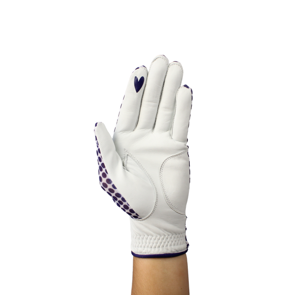 White ladies golf glove with blue spots.