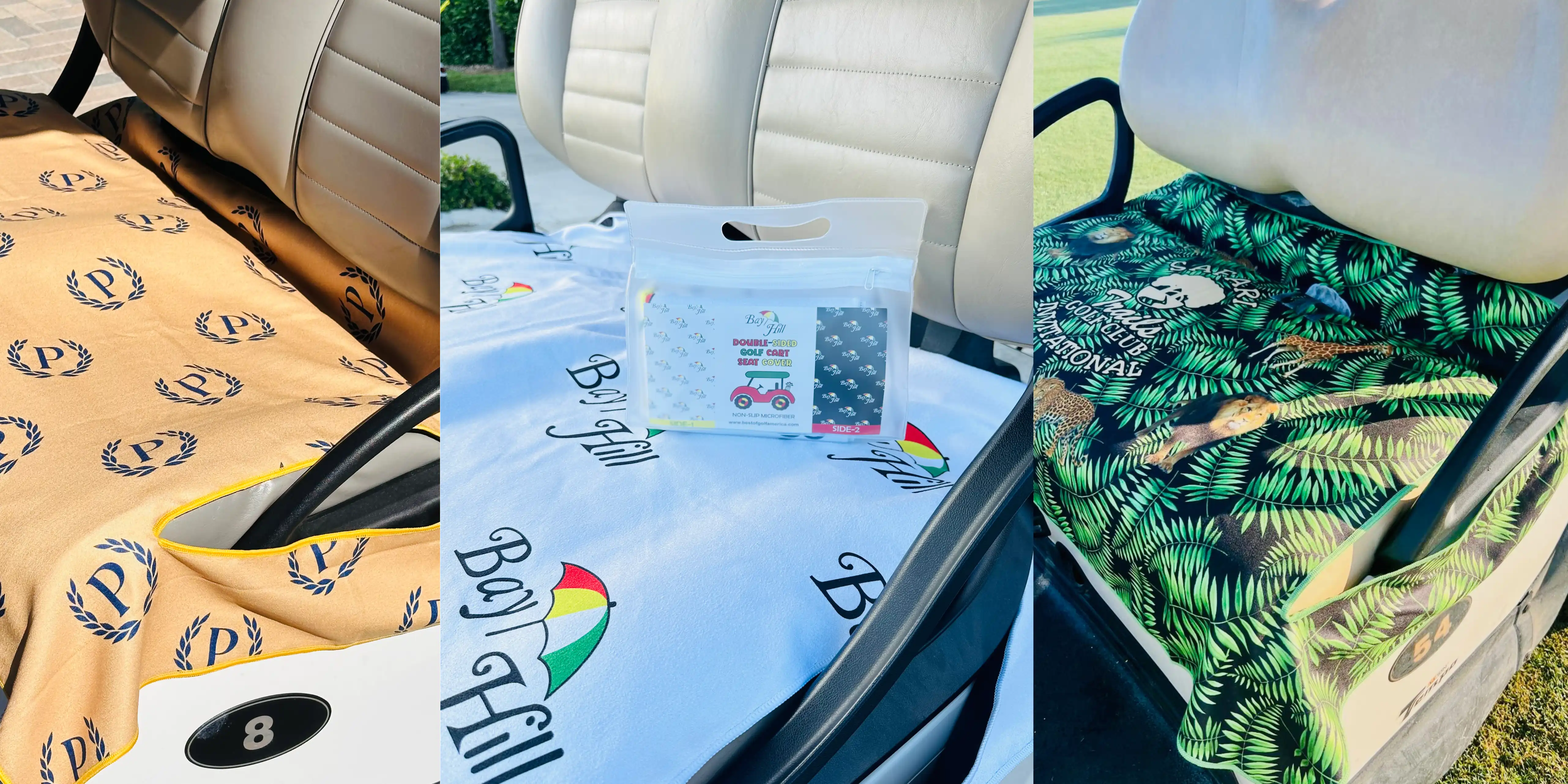 A banner image showing several golf cart seat covers